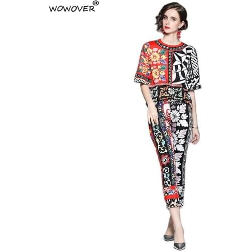Retro Fashion Runway Trousers Suit Casual Hit Color Floral Print Loose Two Piece Set Women Top and Pants Summer Vintage Outfits
