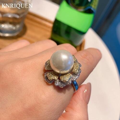 2021 Trend 925 Sterling Silver 14mm White Gold Color Pearl Rings for Women Luxury Flower Shape Party Cocktail Ring Fine Jewelry