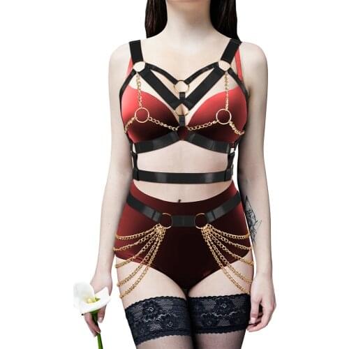Women Sexy Bdsm Erotic Lingerie Body Bondage 2pcs Harness Set Chain Cage Bra Suspender Stockings Garter Belt Skirt Rave Costume