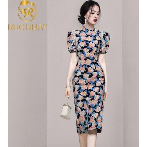 New 2021 Summer Women Vintage Chic Floral Print Dresses Bead Work Business Office Party Bodycon Pencil Sheath Dress