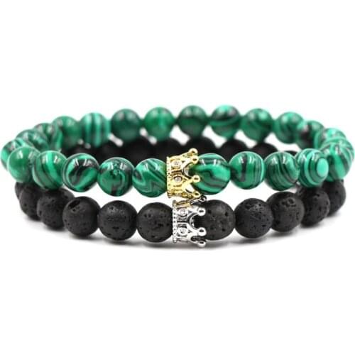 8mm 2PCS/Set gy2 elastic adjusted nature black stone volcanic lava malachite micro pave cz zircon cubic zirconia Crown Bracelet