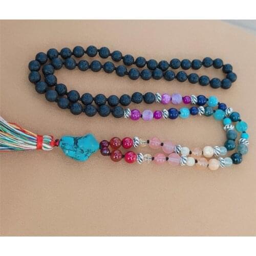 8mm Volcanic Color Chakra 108 Beads Tassel Knotted Necklace Healing Elegant Bless Classic Buddhism Wristband Chakra Handmade