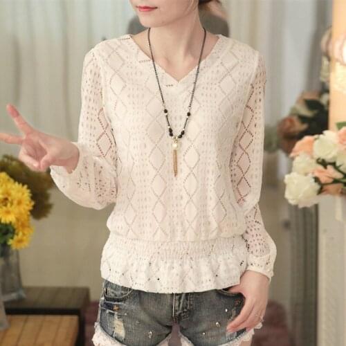 Lace Women Blouse and Shirts Solid Ruffles Lantern Sleeved Slim Loose Solid White Office Lady Elegant Shirts Outwear Tops