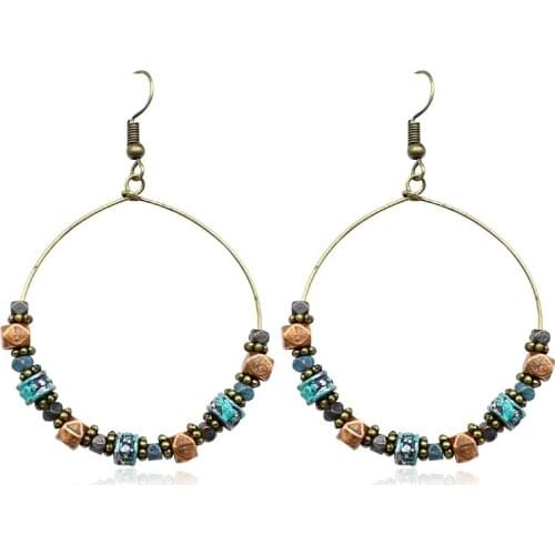 Bohemian Colored Beads Round Earrings Wooden Beads Natural Stone Retro Earrings Beach Holiday Party Jewelry