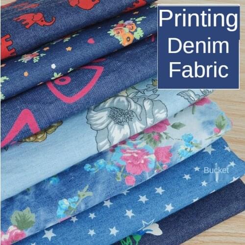 Color Wash Printed Denim Fabric for Pants Skirt Dress Soft Comfortable Thin Fabrics By Half A Meter Sewing Summer Flower Brocade