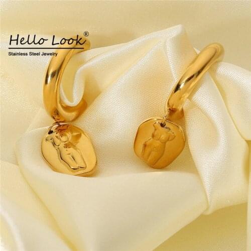 HelloLook Designer Oval Body Art Pendant Earrings Women 18K Gold Stainless Steel Creative Abstract 3D Body Earring Personalized
