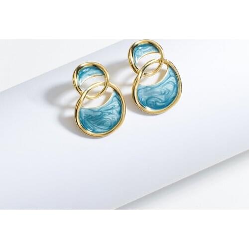 Lifefontier Korean Blue Enamel Alloy Drop Earrings for Women Geometric Round Gold Color Metal Dangle Earrings Trendy Jewelry