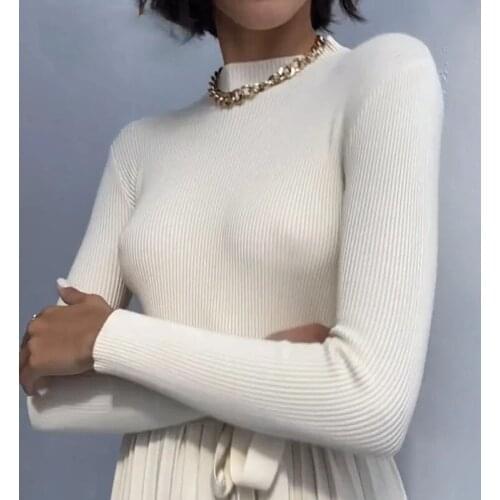 2021 New Autumn Winter Basic High Neck Pullover Top Solid Color Bottoming Long-Sleeved Short Korean Slim Tight-Fitting Sweater