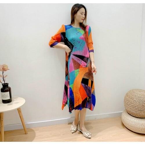 Dresses For Women Plus Size 45-75kg 2020 Autumn Winter Fashion Printed Stretch Miyake Pleated Round Neck Loose Casual Clothes