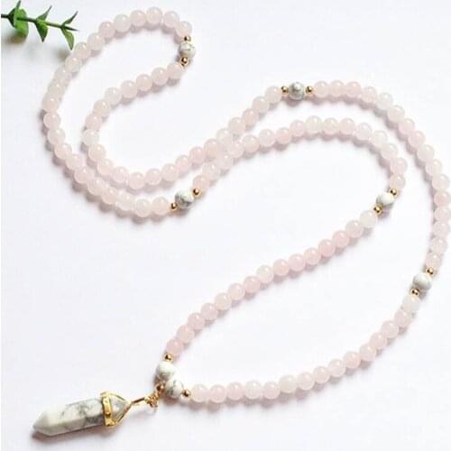 Pink Jeweley Rose Q-uartz Mala Beads Necklaces Howlite Pendant Necklace Japa Mala Necklace Meditation Jewelry Gift For Her