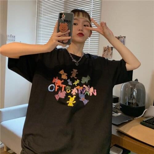 Cartoon Retro Ins Lazy T-shirt Female Korean Harajuku Womens T-shirts Tops Japanese Kawaii Ladies Ulzzang Clothes For Women