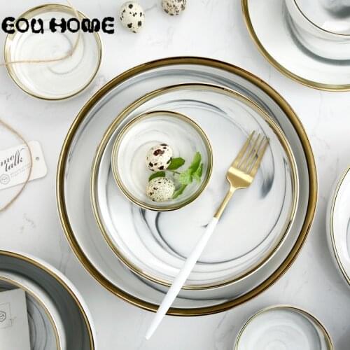 Nordic Gold Lnlay Dinnerware Sets Marble Ceramic Household Tableware Dinner Plates Rice Soup Salad Bowls Snack Cake Steak Dish