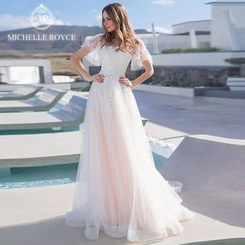 Michelle Royce A-Ling Wedding Dresses 2020 Sweetheart Short Sleeve Ruffles Appliques Illusion Chapel Train Vestido De Noiva