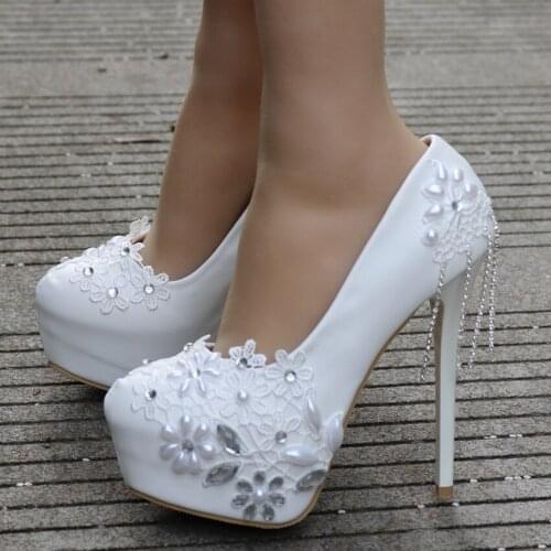 Crystal Queen Single Rhinestone Shoes Women Pumps White Lace Flower Tassels High-Heeled Dress Shoes Platform Pearl Wedding Shoes