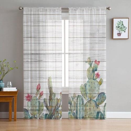 Cactus Tropical Plant Wood Texture Tulle Curtains for Living Room Bedroom Decoration Chiffon Sheer Voile Kitchen Window Curtain