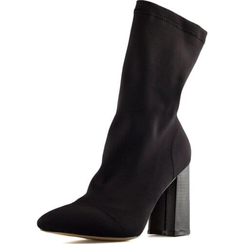 XEK 2019 Female elastic ankle boots with a sharp toe Boots with a square high heel Fashionable womens shoes YYJ18