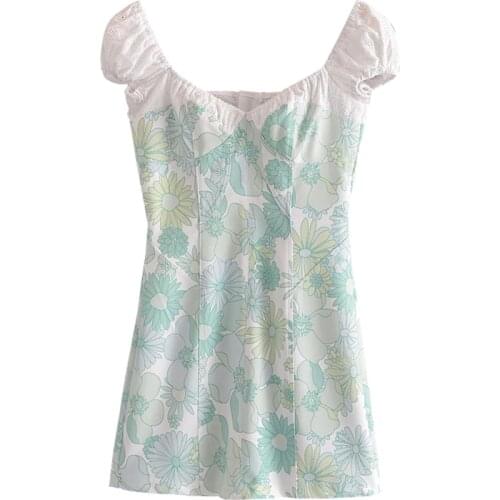 YENKYE Embroidery Patchwork Retro Flower Print Pencil Mini Dress Women Sexy Collar Puff Sleeve Vintage Party Summer Robe