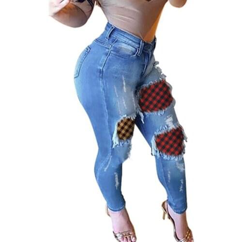 Women Plaid Patchwork Jeans Fashion Skinny Tassel Ripped Jeans for Women Casual Slim High Waist Denim Pants Streetwear