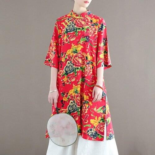Johnature Women Print Floral Chinese Style Shirts And Tops Stand Half Sleeve Red Blouses 2021 Summer New Cotton Linen Long Shirt