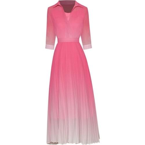 Gradient Pink Women Clothes Two Pieces Set Fashion Ladies Outfits Half Sleeve Shirt And Pleated High Waist Maxi Skirt