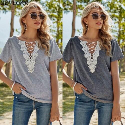 Elegant Solid Slim Pullove Shirt Women Lace Patchwork V Neck Short Sleeve T Shirt Top Holiday Party Beach Summer Style Tops