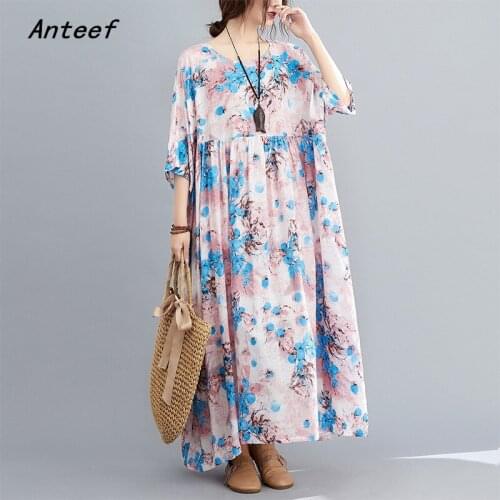 Short sleeve plus size cotton vintage floral dresses for women casual loose long woman summer beach dress elegant clothes 2021