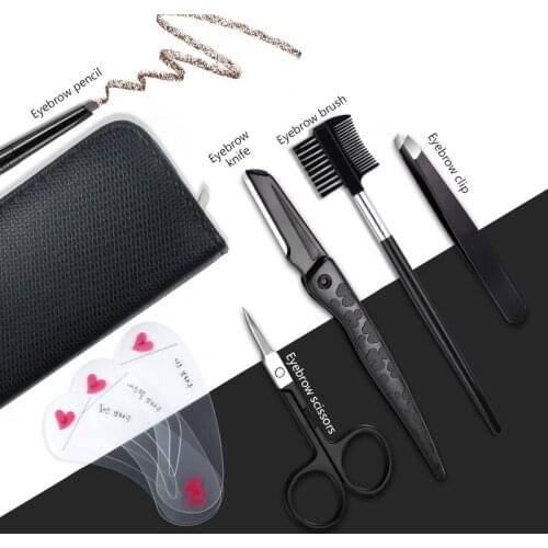 5pcs/set Mens Eyebrow Set Grooming Kit For BeginnersWith PU Leather Case Include Eyebrow Pencil Razors Scissors Combs Tweezers