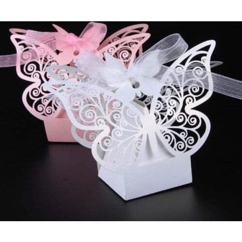 50PCS Butterfly Candy Boxes With Ribbon Wedding Bridal Baby Shower Birthday Christening Party Supplies Gifts Box Decoration