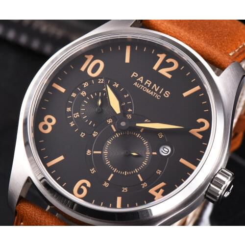 Parnis 43mm sapphire Black dial Leather strap orange marks date Miyota 821A Automatic movement Mens Watch