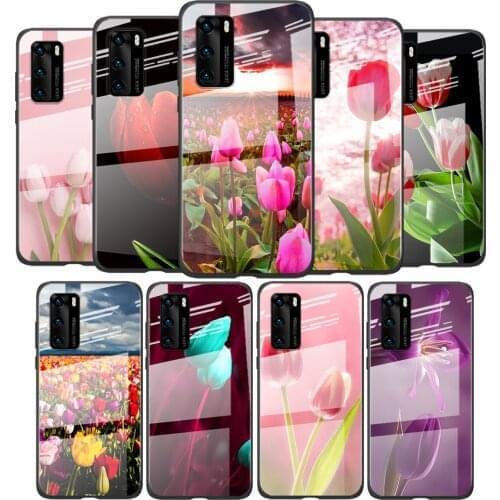 Tempered Glass Cover Tulips Flower Spring For Huawei P40 P30 P20 P10 Pro Plus Lite 5G 2019 Shockproof Shell Phone Case