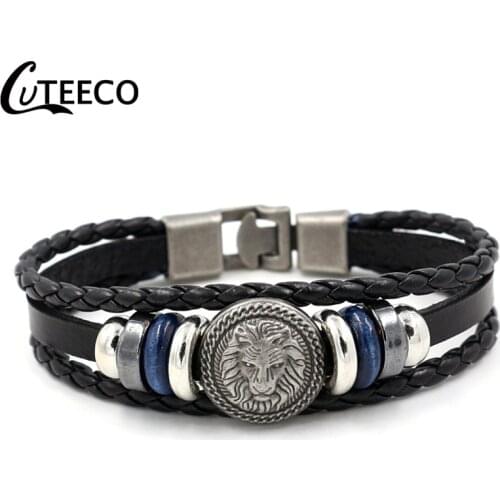 CUTEECO 2019 New Vintage Lion Leather Bracelets Men Genuine Charm Bracelet Fashion Punk Jewelry Pulseras