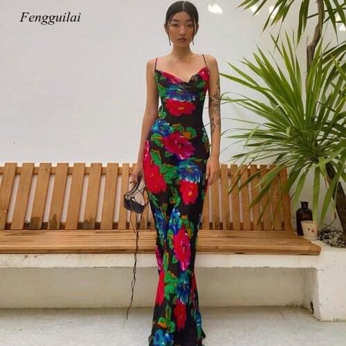 Floral Print Summer Spaghetti Strap Women Long Dress Sexy Sleeveless Backless Famale Vintage Boho Party Vestidos 2021