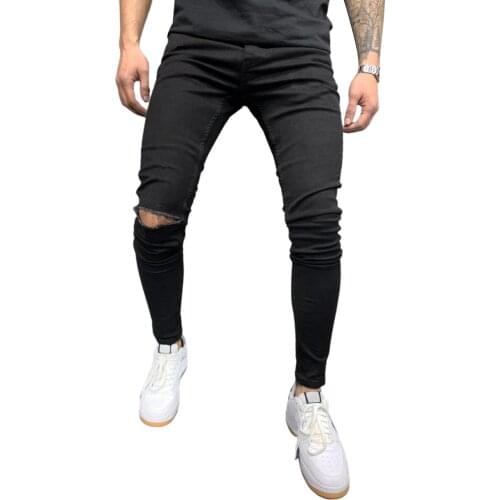 Knee hole Ripped Jeans Men Skinny Black High Street Style Elasticity Slim Frayed Casual Men Pants Trousers Biker Jeans