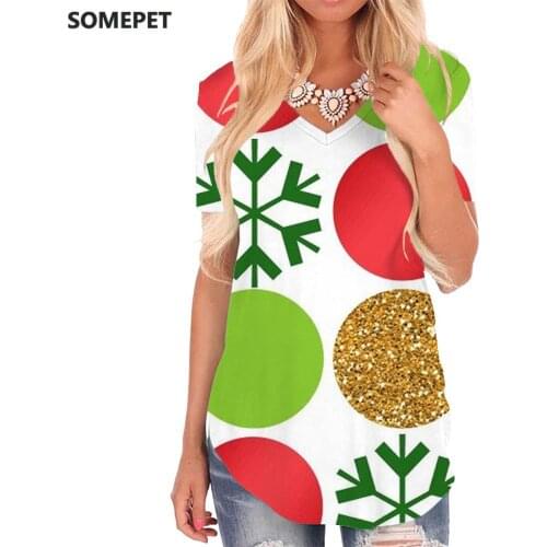 SOMEPET Christmas T-shirt women Dots T-shirts 3d Snowflake Funny T shirts Colorful V-neck Tshirt Womens Clothing Summer Loose