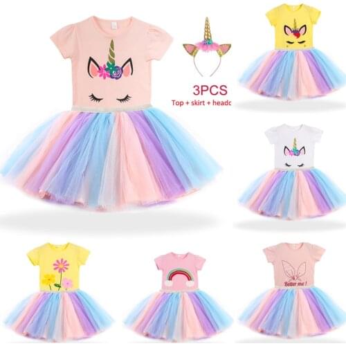 New Kids Girl Cotton Causal Dress Children Summer Print Unicorn Cartoon Mesh Pleated Princess Rainbow Dress Free Headdress 3Pcs