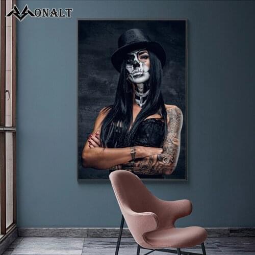 Cool Girl Black Skull Tattoo Sexy Woman Wear Hat Vintage Poster Modern Canvas Painting Abstracto Decor Street Art Wall Pictures