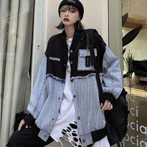 Hip Hop Spring Autumn Women JacketsHarajuku Woman Casual Loose BF Denim Jacket New Patchwork Letter Print Jeans Coat Oversize