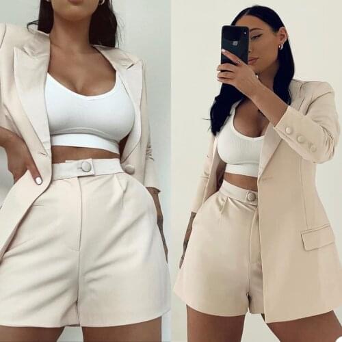 Summer Casual Women Suits 2 Piece (Blazer + Shorts) One Button Pocket Fashion Coat Custom Made Young Girl Daily Jacket