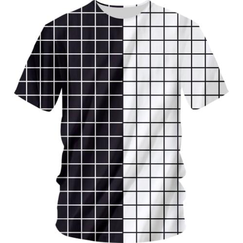 OGKB men 3D plaid shirt Black and White Checkerboard printed O neck short sleeve t-shirt summer women cool Harajuku streetwear