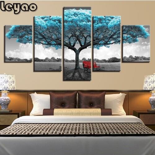 Diy Diamond Painting Full square round Drill Abstract 5 Pieces Blue Big Tree Red Chair Pictures Landscape