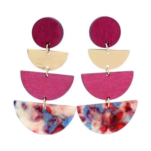 2018 new alloy multicolor resin round cut Three semicircle wood earrings for women