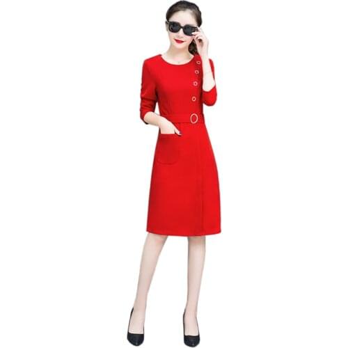 2019 New Spring and autumn O-Neck dress Casual Long Sleeve Dress Women Fashion Pockets Knee-Length dress women