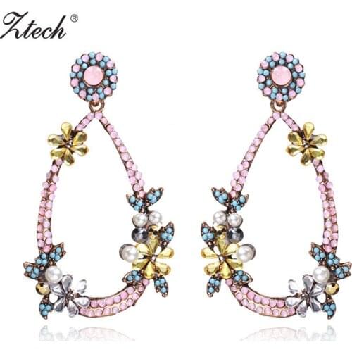 Ztech Luxury Crystal Bridal Big Earrings Plant Simulated-pearl Wedding Party Drop Earrings Femme Flower Pendant Jewelry