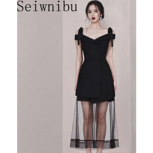 Seiwnibu Maxi Spring 2020 Runway New Fashion Solid Black Sexy V-neck Cold Shoulder A-Line Splice Mesh Hem Women Party Dress
