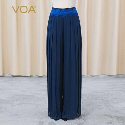 VOA Silk Georgette Blue Diamond Patch Decoration Pleated Double-layer Micro-transparent Elegant Casual Wide-leg Pants KE377