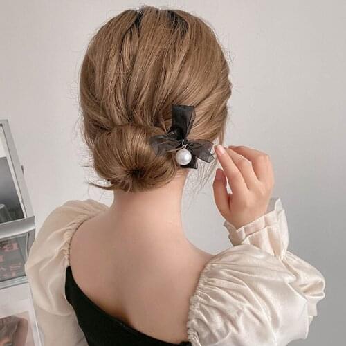 New Women Elegant Chiffon Bow Pearl Hair Sticks Sweet Bun Hair Holder Clips Maruko Hairpins Headband Fashion Hair Accessories