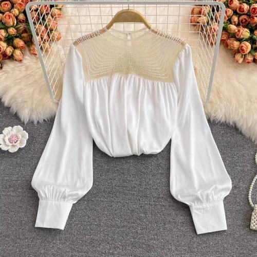 Sexy See Through Mesh Beading Women Blouse White Black O-neck Long Sleeve Shirt Spring Autumn Elegant Female Shirts Tops Blusas