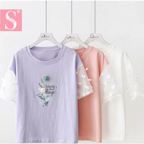 STVY Women T-shirts 2018 Summer Three-dimensional Flowers Embroidery T-shirts For Women Short Sleeve O-neck Tee Tops Clothes