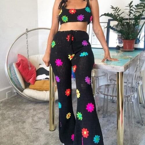 Women Knitted Floral Flare Pants Fashion Drawstring High Waist Bell-Bottom Pants Streetwear Summer Hollow Out Crochet Trousers