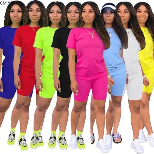 CM.YAYA S-4XL Women Two Pieces Sets Summer Tracksuits Short Sleeve Tops+Jogger Shorts Leggings Suit Sporty Fitness Outfit GL5263